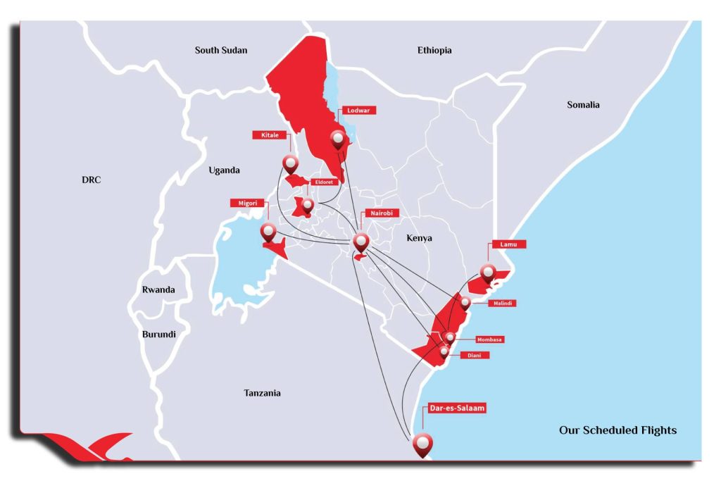 Skyward scheduled flights map showing routes from Nairobi to coastal, western and northern Kenya destinations