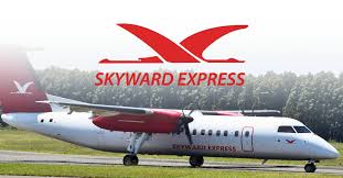 Skyward Express turboprop on a runway beneath the airline’s red bird logo
